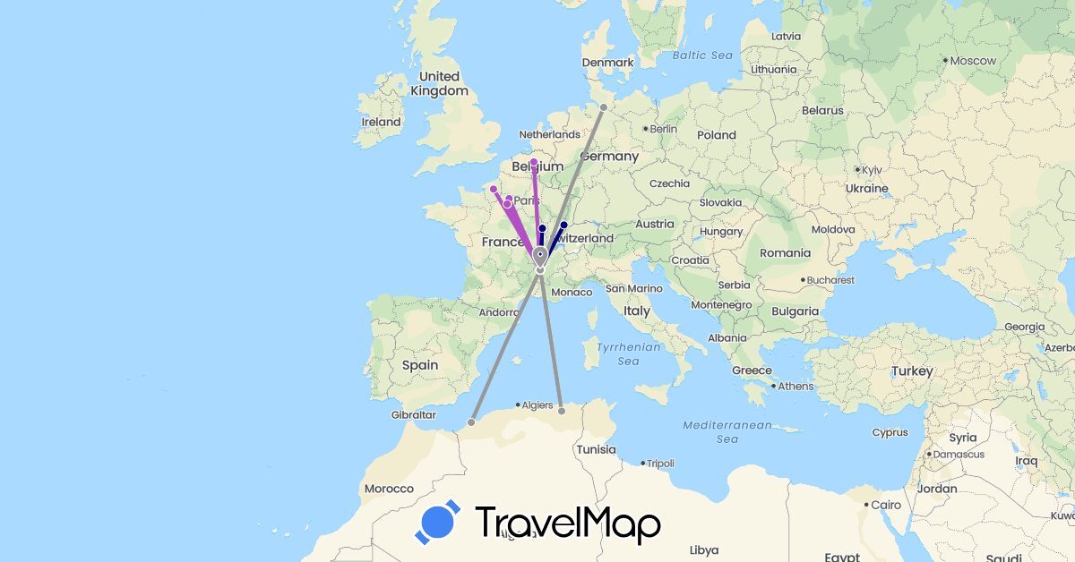 TravelMap itinerary: driving, plane, train in Belgium, Germany, Algeria, France (Africa, Europe)